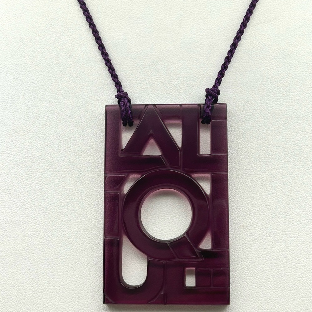 Lalique France Purple Crystal Glass Geometric Logo Pendant Necklace Silk Cord